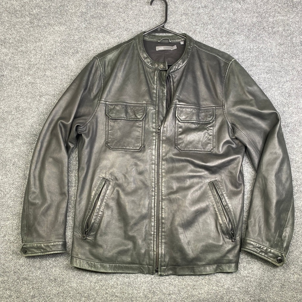 Vince Mens Leather Cafe Racer Jacket Black Grey Band Collar MO8354053 Size L